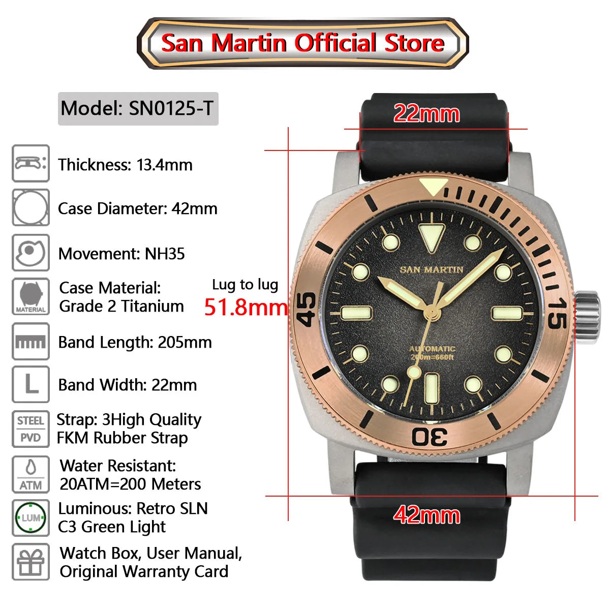 San Martin 42mm NH35 Titanium Diver Watch SN0125T