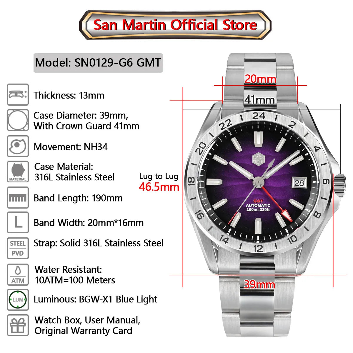 San Martin  New NH34 39mm GMT Watch SN0129