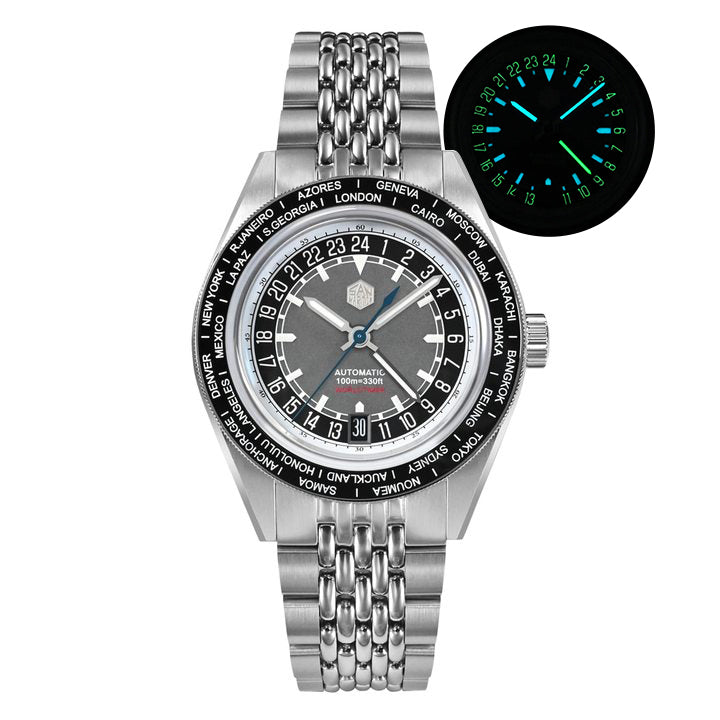 【美品】SAN MARTIN GMT 自動巻きNH34ムーブメント 白銀 San Martin New NH34 39mm GMT Watch SN0129 – San Martin Watch