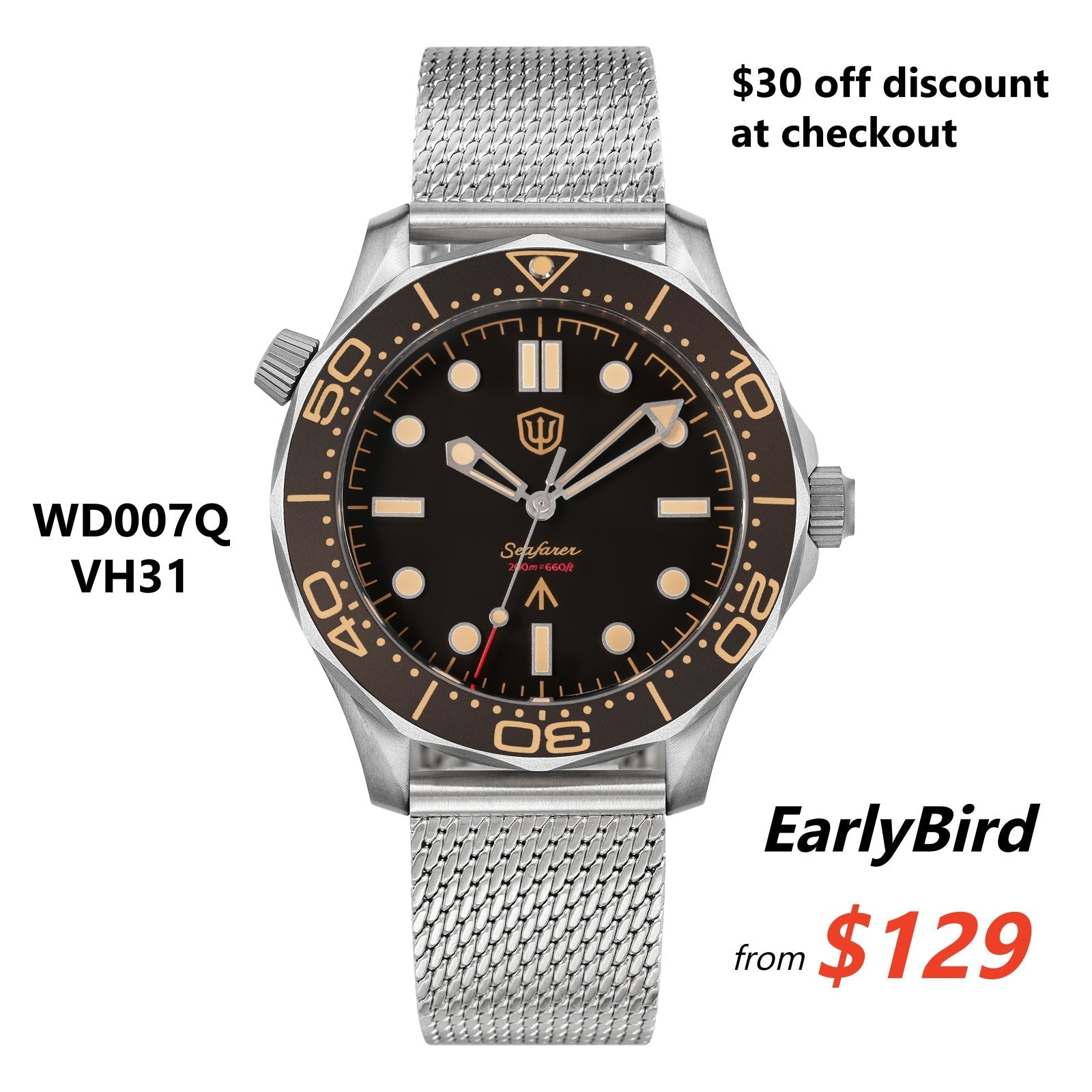 🔥EarlyBird🔥Seafarer WD007Q VH31 Titanium NTTD Dive Watch – San