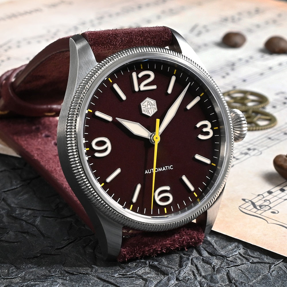 San Martin Carved Coin Bezel Retro Pilot Watch SN033