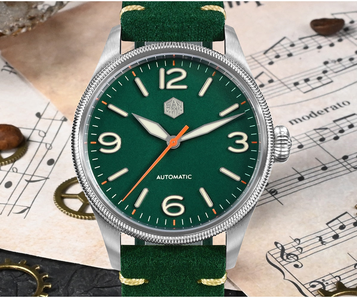 San Martin Carved Coin Bezel Retro Pilot Watch SN033