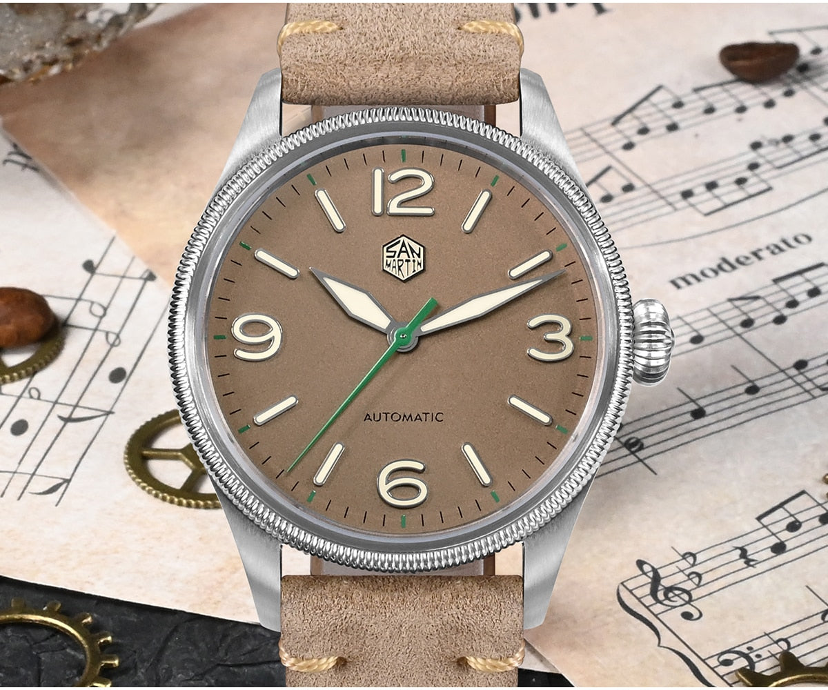 San Martin Carved Coin Bezel Retro Pilot Watch SN033