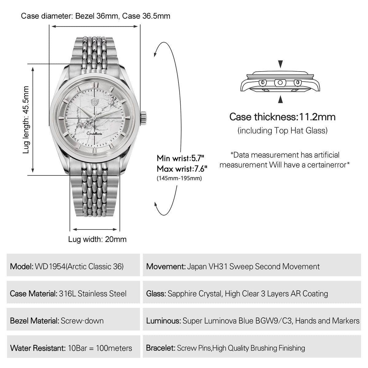 Watchdives WD1954 Arctic Classic 36mm VH31 Watch