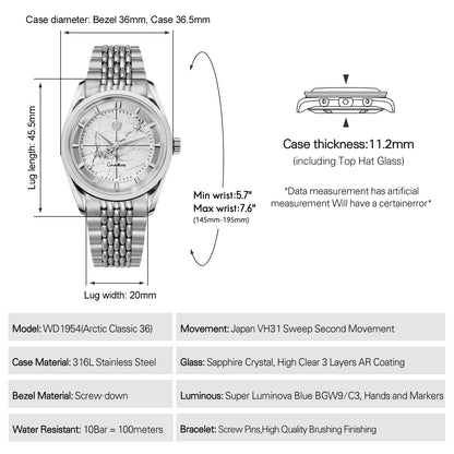 Watchdives WD1954 Arctic Classic 36mm VH31 Watch