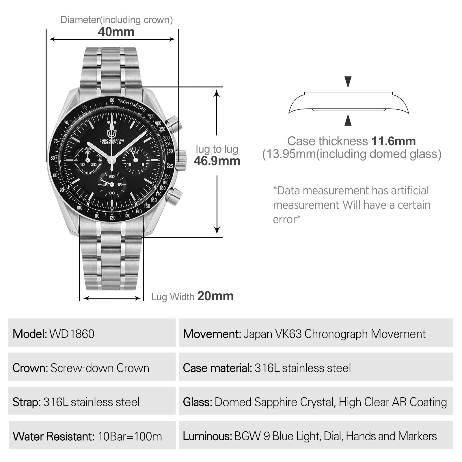 watako様 Speed Master Case 40mm VK63 Silver Watch Case Blue Green Black