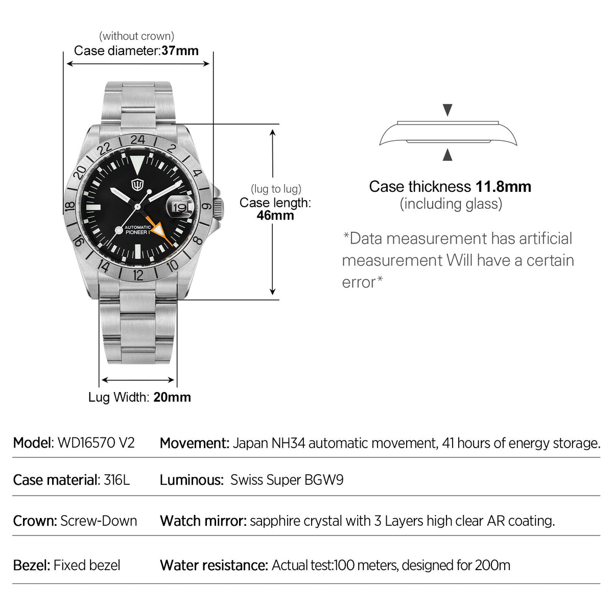Watchdives WD16570B 38mm 6460 GMT Watch V2