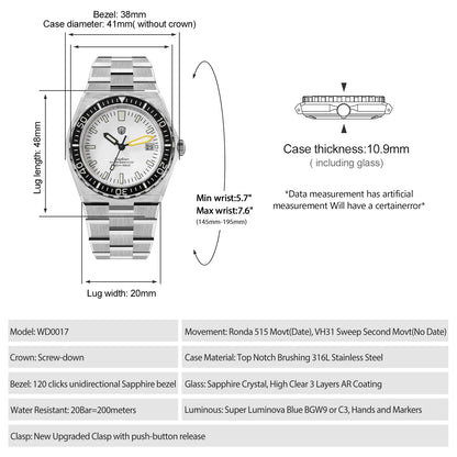 Watchdives Premier WD0017C VH31/Ronda 515 Diver Watch