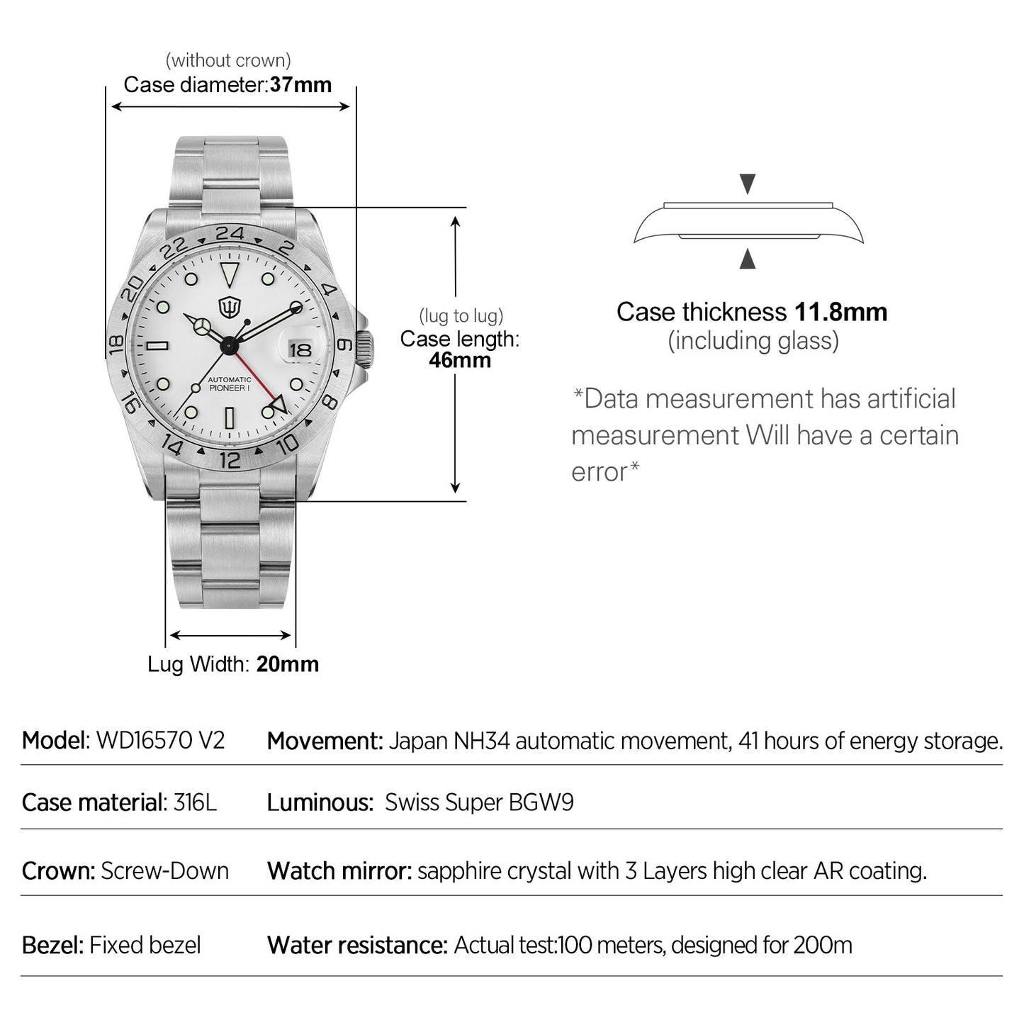 Watchdives WD16570B 38mm 6460 GMT Watch V2