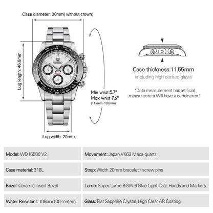 Watchdives WD16500 38mm VK63 Chronograph Watch V2