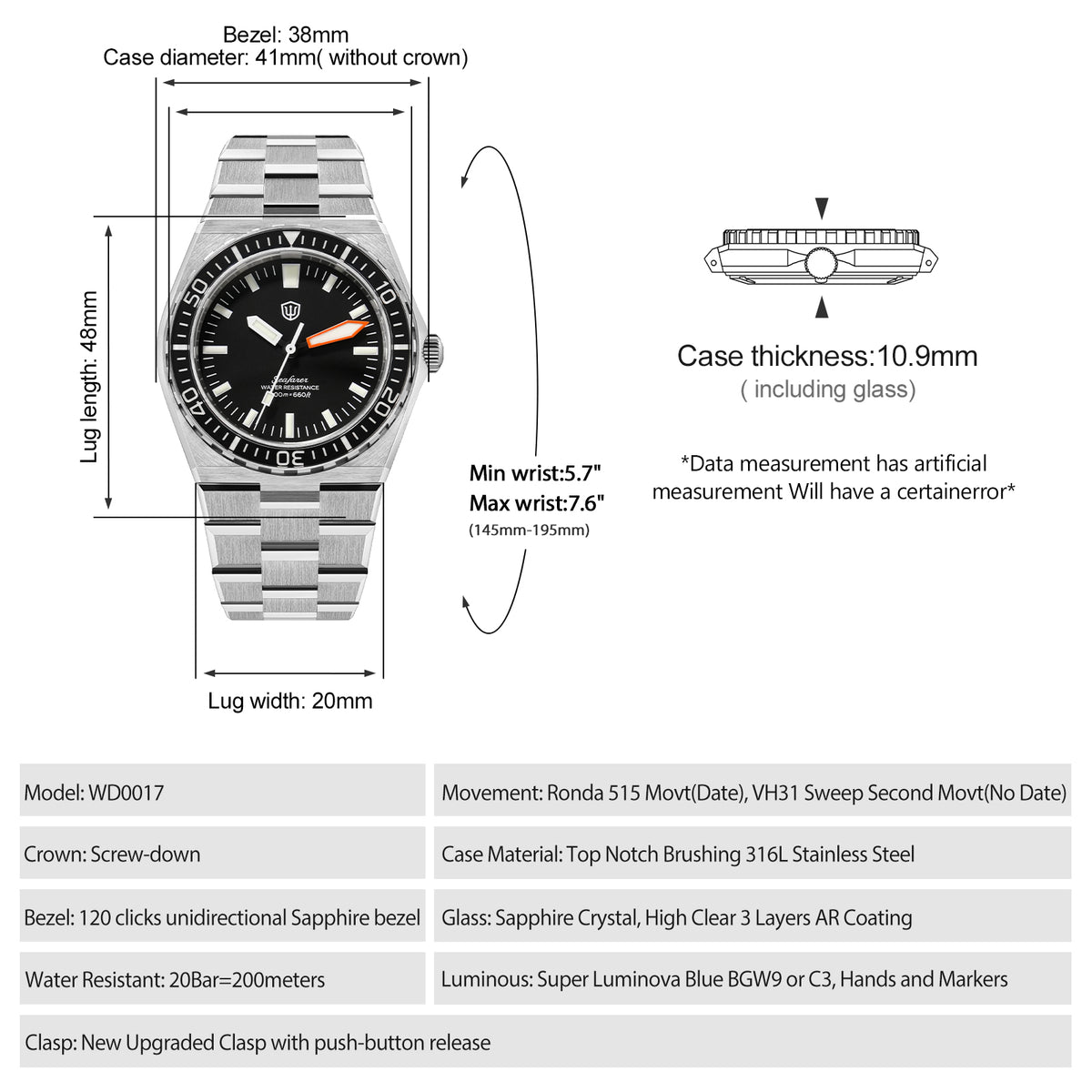 Watchdives Premier WD0017C VH31/Ronda 515 Diver Watch