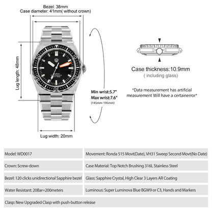 Watchdives Premier WD0017C VH31/Ronda 515 Diver Watch