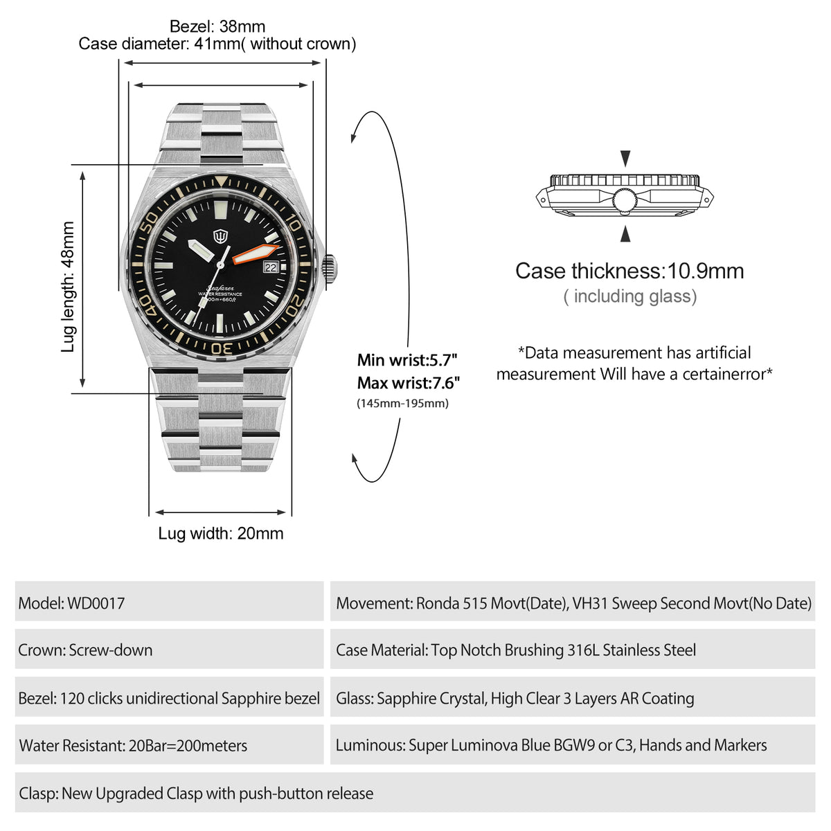 Watchdives Premier WD0017C VH31/Ronda 515 Diver Watch