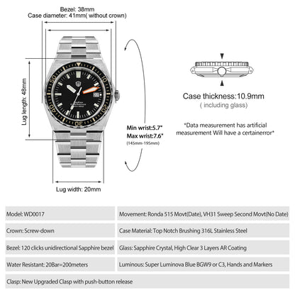 Watchdives Premier WD0017C VH31/Ronda 515 Diver Watch
