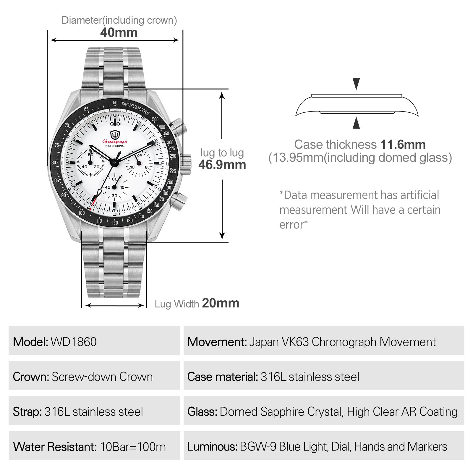 Watchdives 40mm WD1860 VK63 Chronograph Watch – San Martin Watch