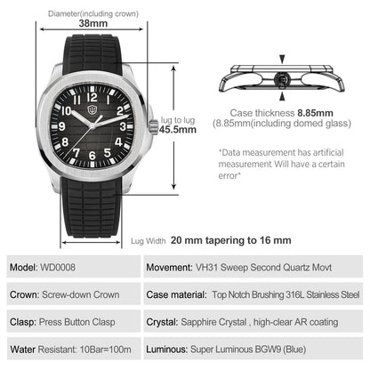 Watchdives WD008 38mm VH31 Slim Sport Watch