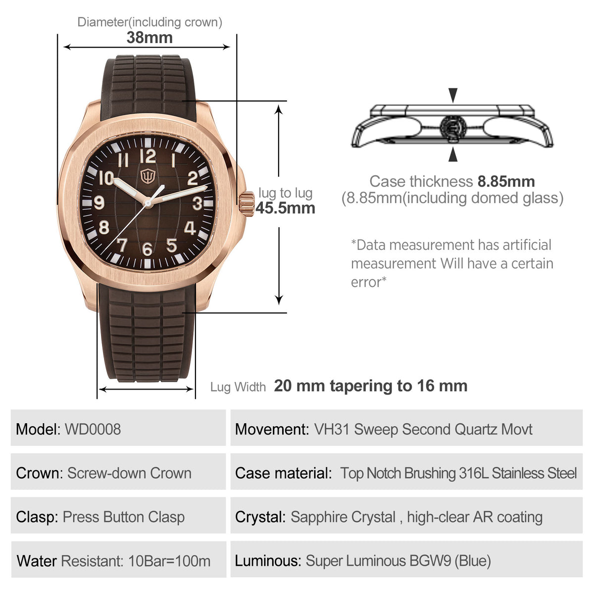 Watchdives WD008 38mm VH31 Slim Sport Watch