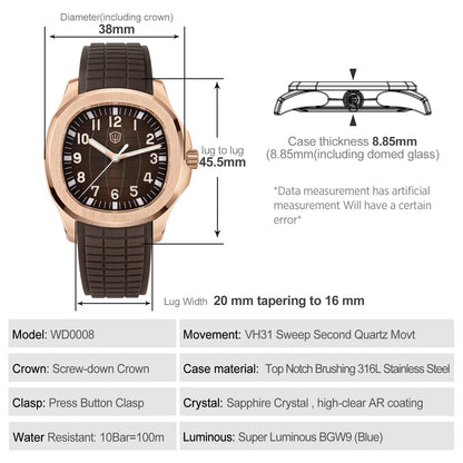 Watchdives WD008 38mm VH31 Slim Sport Watch