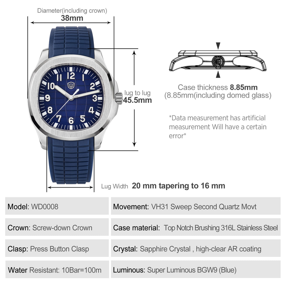 Watchdives WD008 38mm VH31 Slim Sport Watch