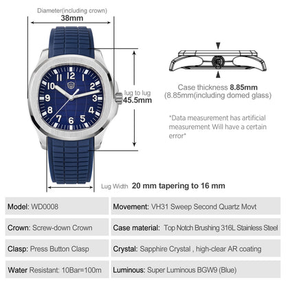 Watchdives WD008 38mm VH31 Slim Sport Watch