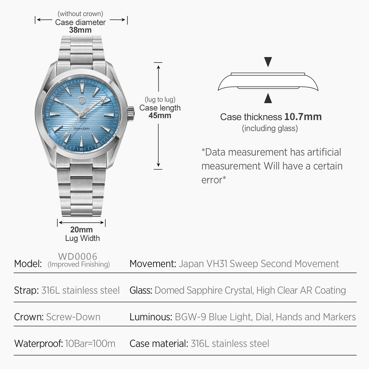 Watchdives WD0006 38mm VH31 Men Watch