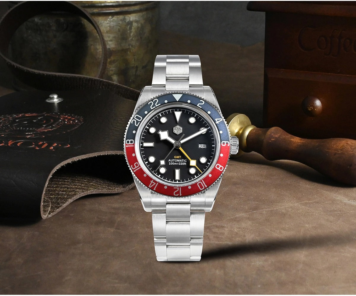 San Martin 39mm Men GMT Watch Automatic Mechanical with OTF Adjustable Clasp SN0109