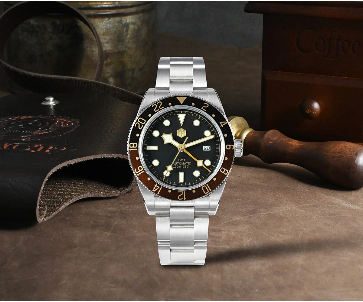 San Martin 39mm Men GMT Watch Automatic Mechanical with OTF Adjustable Clasp SN0109