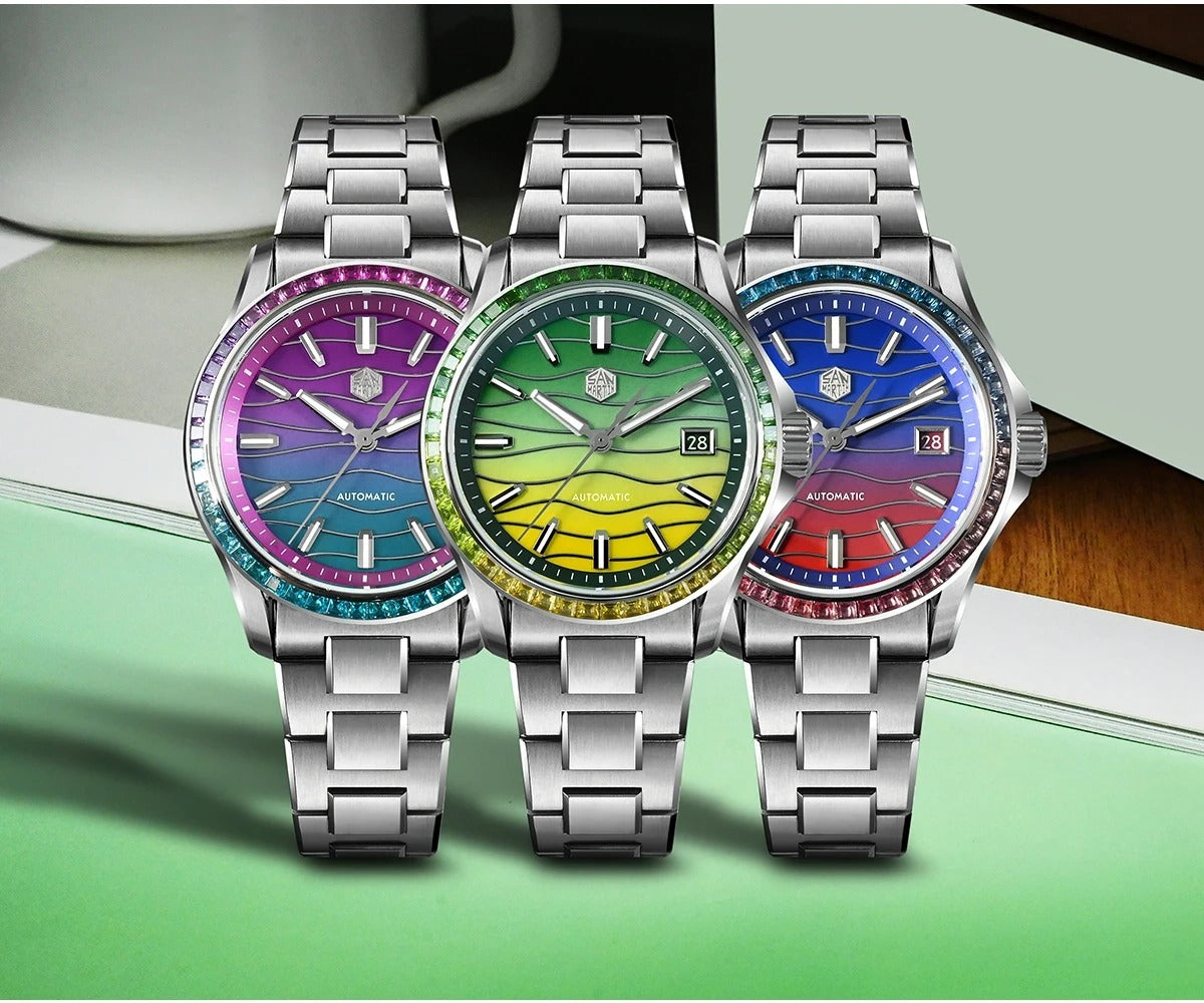 San Martin 39mm Men Watch Miyota 9015 Automatic Mechanical with Gemstones Bezel Mop Dial SN0150