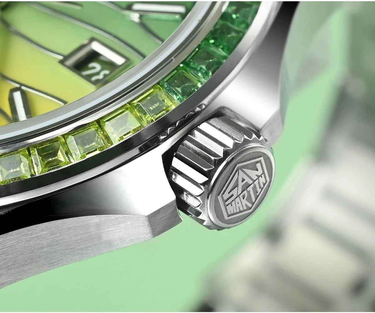 San Martin 39mm Men Watch Miyota 9015 Automatic Mechanical with Gemstones Bezel Mop Dial SN0150