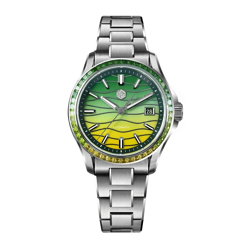 San Martin 39mm Men Watch Miyota 9015 Automatic Mechanical with Gemstones Bezel Mop Dial SN0150