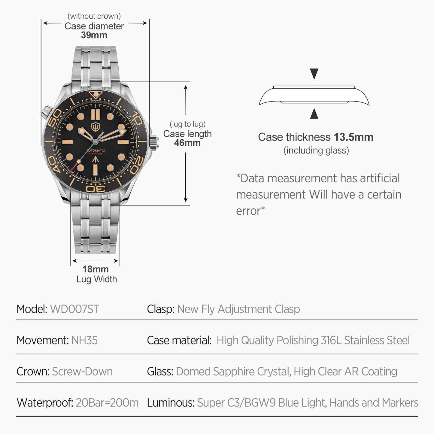 🔥WeeklyDeals🔥Watchdives WD007ST 39mm NTTD Dive Watch