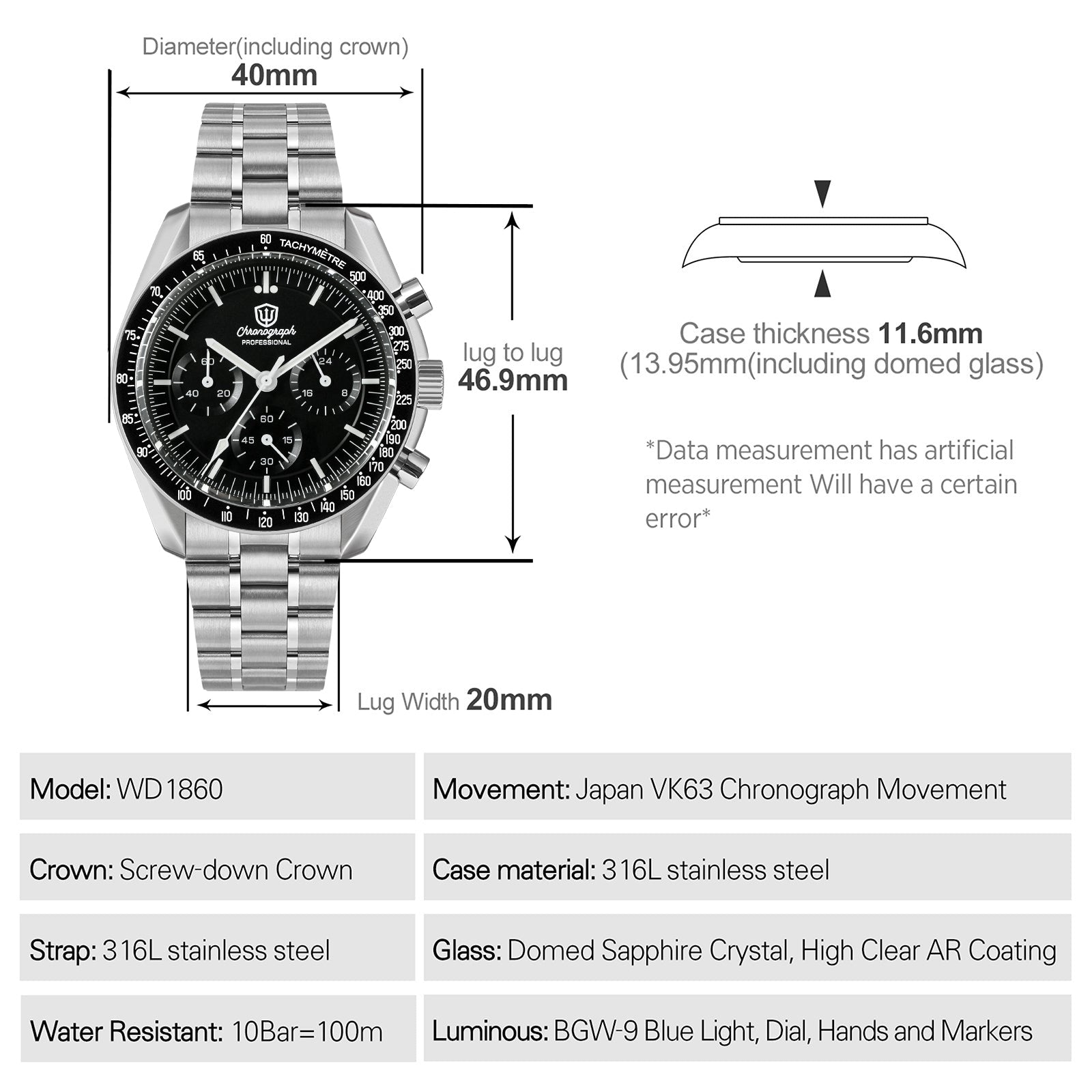 Watchdives 40mm WD1860 VK63 Chronograph Watch – San Martin Watch