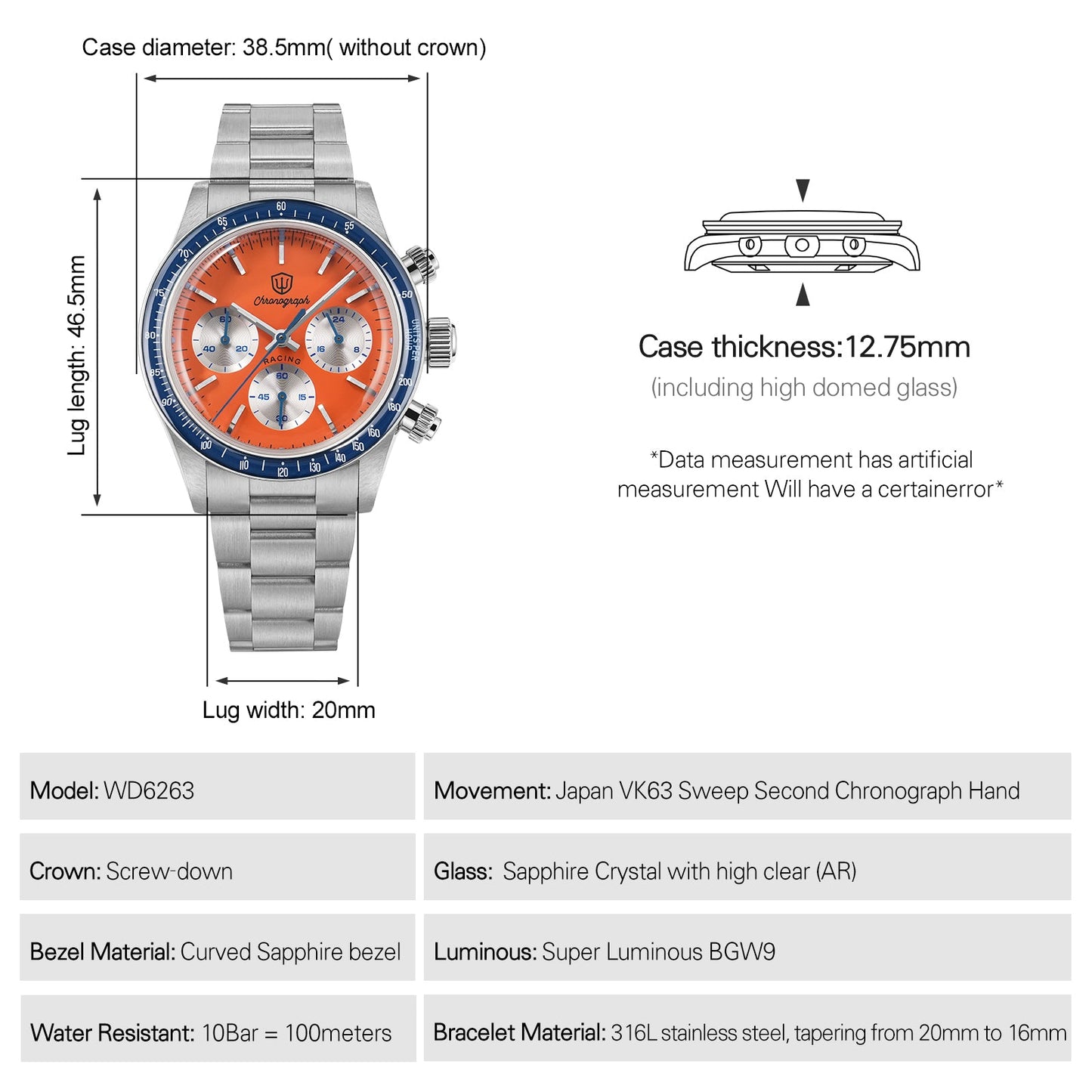 ⚡EarlyBird⚡Watchdives WD6263 Vintage Racing Chronograph Watch