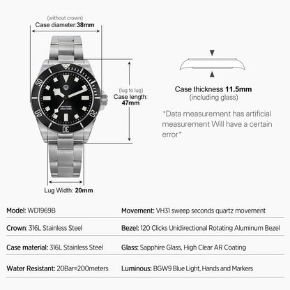 🔥WeeklyDeals🔥Watchdives WD1969B PRO 38mm VH31 Dive Watch